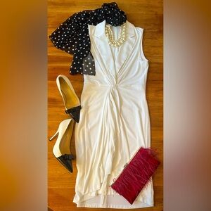 BCBG MazAzria sleeveless draped jersey dress with satin lapels in Ivory.